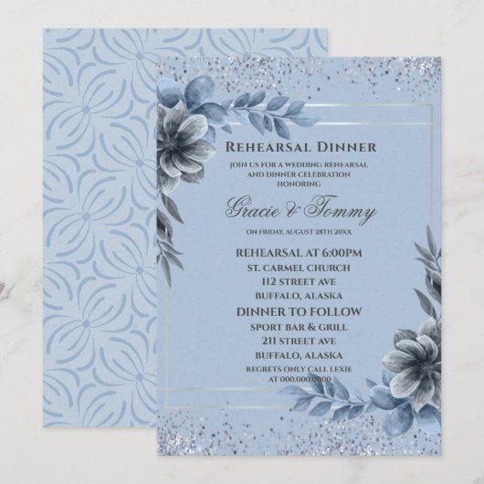 Dusty Blue Silver Floral Rehearsal Dinner Kaart (Voorkant / Achterkant)