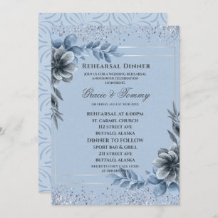 Dusty Blue Silver Floral Rehearsal Dinner Kaart