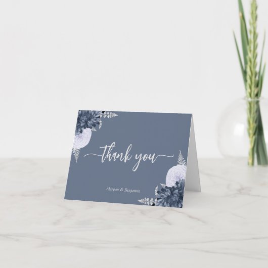 Dusty Blue Silver Floral Script Wedding Bedankkaart (Voorkant)