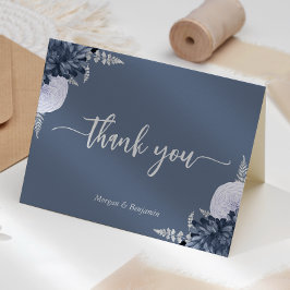 Dusty Blue Silver Floral Script Wedding Bedankkaart