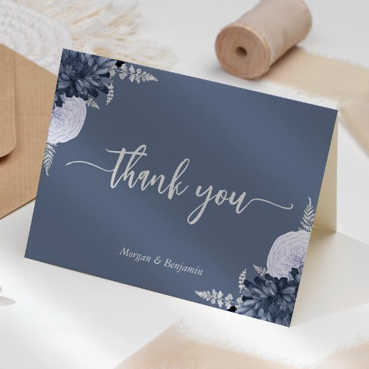 Dusty Blue Silver Floral Script Wedding Bedankkaart
