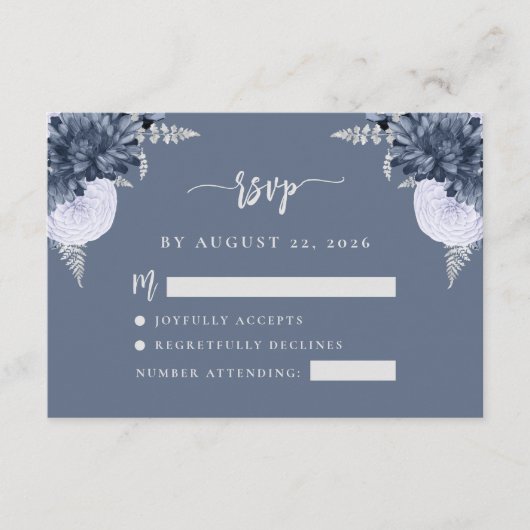 Dusty Blue Silver Floral Script Wedding RSVP Informatiekaartje (Voorkant)