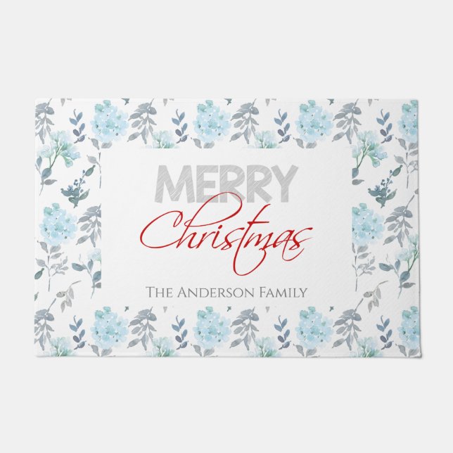 Dusty Blue & Silver Floral Waterverf Deuren Mat (Voorkant)