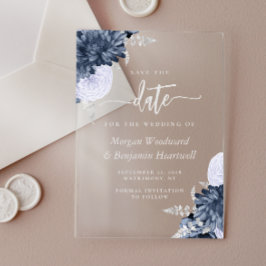 Dusty Blue Silver Floral Wedding Save the Date Acryl Uitnodigingen