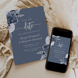 Dusty Blue Silver Floral Wedding Save the Date Kaart