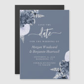 Dusty Blue Silver Floral Wedding Save the Date Magnetische Uitnodiging (Voorkant / Achterkant)