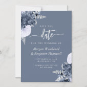 Dusty Blue Silver Floral Wedding Save the Date Magnetische Uitnodiging (Voorkant)