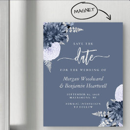 Dusty Blue Silver Floral Wedding Save the Date Magnetische Uitnodiging
