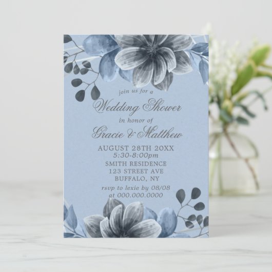 Dusty Blue Silver Floral Wedding Shower Invites (Staand voorkant)