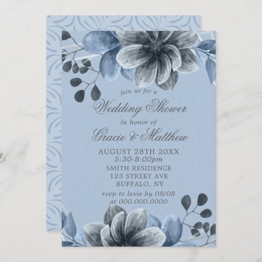 Dusty Blue Silver Floral Wedding Shower Invites (Voorkant / Achterkant)