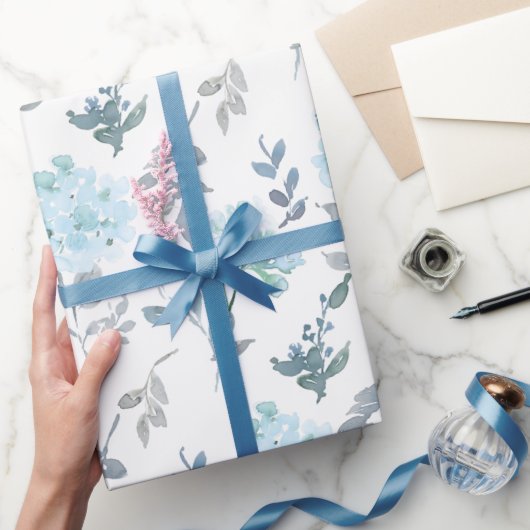 Dusty Blue & Silver Florals | WATERVERF Cadeaupapier (Geschenken)