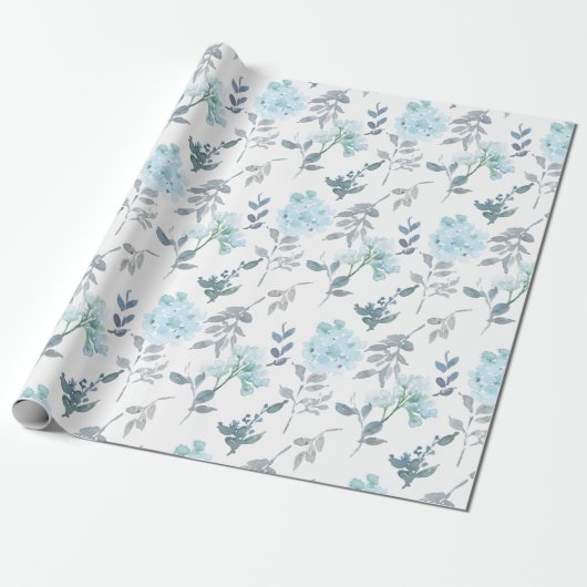 Dusty Blue & Silver Florals | WATERVERF Cadeaupapier (Uitgerold)