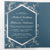 Dusty Blue Silver Flourish Swirl Wedding Photo Drieluik Uitnodiging (Binnenzijde eerst)