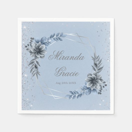 Dusty Blue Silver Geometric Floral Vrijgezellenfee Servet (Voorkant)