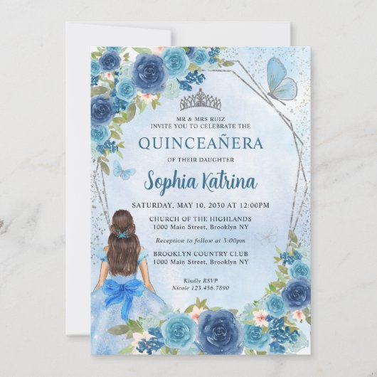 Dusty Blue Silver Glam Floral Princess Quinceañera Kaart (Voorkant)