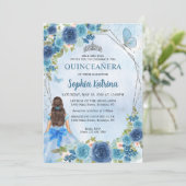 Dusty Blue Silver Glam Floral Princess Quinceañera Kaart (Staand voorkant)
