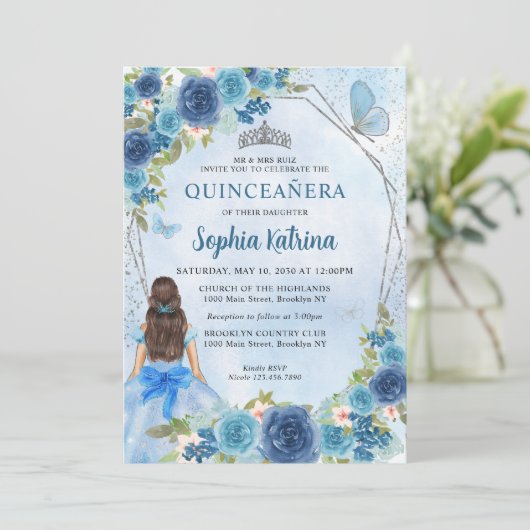Dusty Blue Silver Glam Floral Princess Quinceañera Kaart (Staand voorkant)
