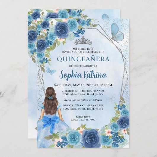 Dusty Blue Silver Glam Floral Princess Quinceañera Kaart (Voorkant / Achterkant)