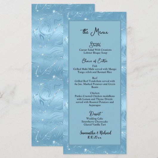 Dusty Blue Silver Glitter 4x9" Wedding Menu (Voorkant / Achterkant)