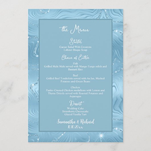Dusty Blue Silver Glitter 5x7" Wedding Menu (Voorkant)