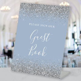 Dusty Blue Silver Glitter Bruiloft Gastenboek Reclamebord Met Voetstuk