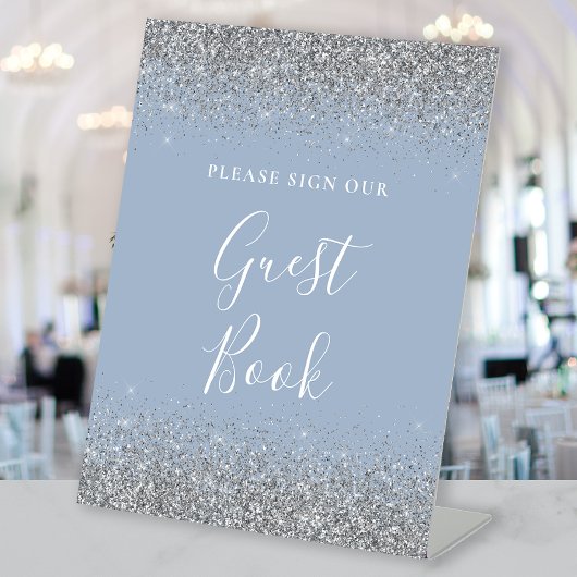 Dusty Blue Silver Glitter Bruiloft Gastenboek Reclamebord Met Voetstuk