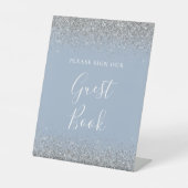 Dusty Blue Silver Glitter Bruiloft Gastenboek Reclamebord Met Voetstuk (Voorkant)