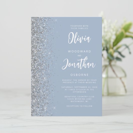 Dusty Blue Silver Glitter Calligraphy Wedding Kaart (Staand voorkant)