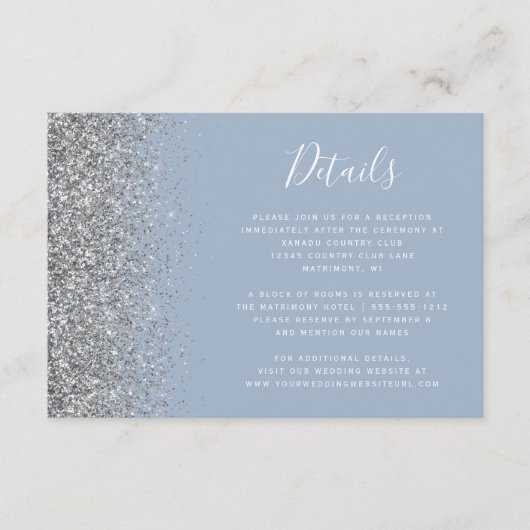 Dusty Blue Silver Glitter Edge Bruiloft Details Informatiekaartje (Voorkant)