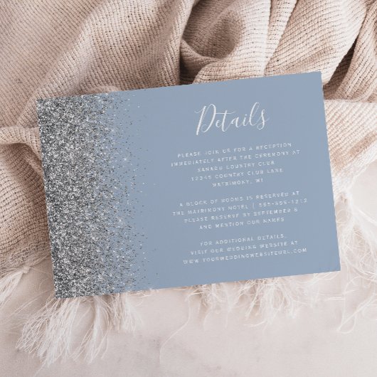 Dusty Blue Silver Glitter Edge Bruiloft Details Informatiekaartje