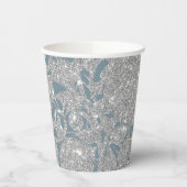 Dusty Blue Silver Glitter Floral Papieren Bekers (Links)