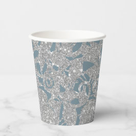 Dusty Blue Silver Glitter Floral Papieren Bekers