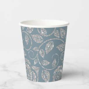 Dusty Blue Silver Glitter Floral Papieren Bekers