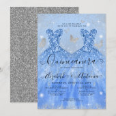 Dusty Blue Silver Glitter Gown Twin Quinceanera Kaart (Voorkant / Achterkant)