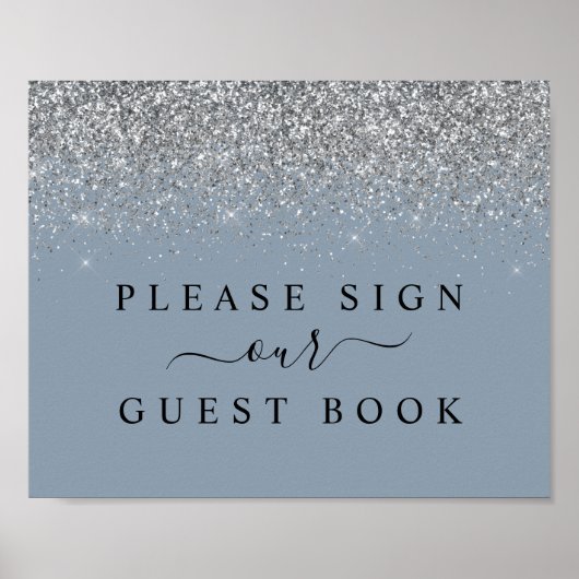 Dusty Blue & Silver Glitter Guest Book Sign Poster (Voorkant)