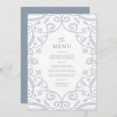  Dusty Blue Silver Glitter Lace Wedding Menu (Voorkant / Achterkant)