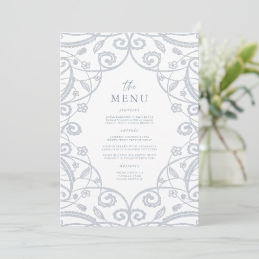  Dusty Blue Silver Glitter Lace Wedding Menu (Staand voorkant)