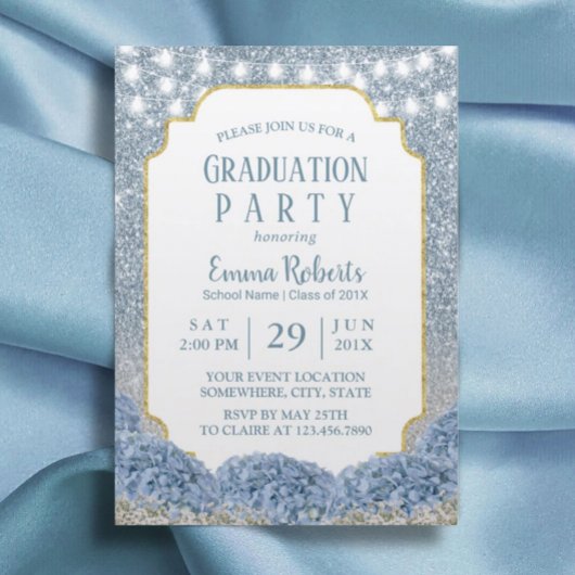 Dusty Blue & Silver Glitter Ombre Graduation Party Kaart