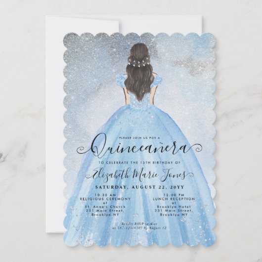 Dusty Blue Silver Glitter Princess Quinceañera Kaart (Voorkant)