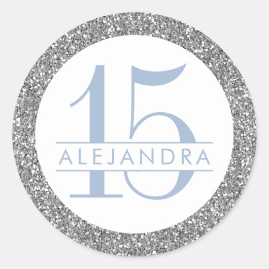 Dusty Blue Silver Glitter Quince Años Birthday Ronde Sticker (Voorkant)