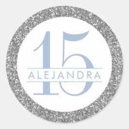 Dusty Blue Silver Glitter Quince Años Birthday Ronde Sticker