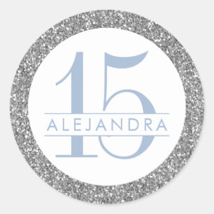 Dusty Blue Silver Glitter Quince Años Birthday Ronde Sticker