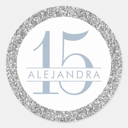 Dusty Blue Silver Glitter Quince Años Ronde Sticker (Voorkant)