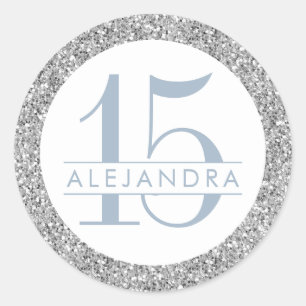 Dusty Blue Silver Glitter Quince Años Ronde Sticker