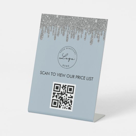 Dusty Blue Silver Glitter Scan me QR Code Logo Reclamebord Met Voetstuk (Voorkant)