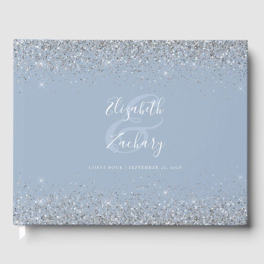 Dusty Blue Silver Glitter Script Gastenboek (Voorkant)