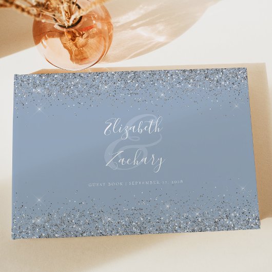 Dusty Blue Silver Glitter Script Gastenboek