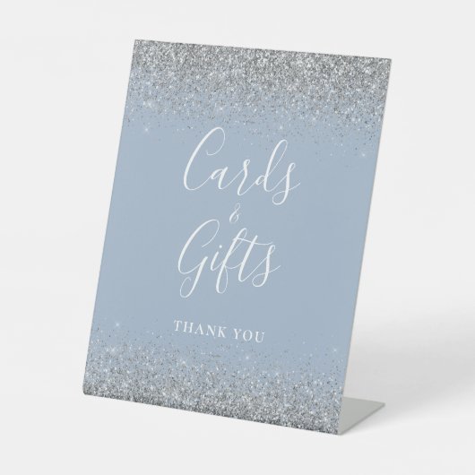 Dusty Blue Silver Glitter Trouwkaarten en geschenk Reclamebord Met Voetstuk (Voorkant)