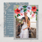 Dusty Blue Silver Glitter Waterverf Floral Arch Bedankkaart (Voorkant / Achterkant)