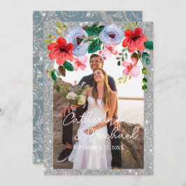 Dusty Blue Silver Glitter Waterverf Floral Arch Bedankkaart